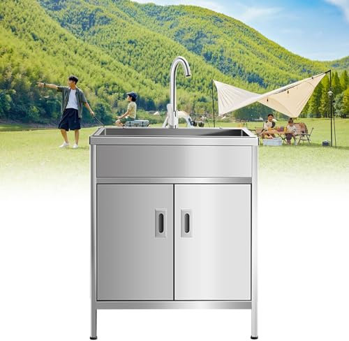 Lavandino Professionale Ristorante,Lavello Cucina con Mobile,Lavandino da Esterno a Libera Installazione,con Rubinetti Caldi e Freddi,per Garage,Ristorante,Cantina,Lavanderia.(Color:Single cold faucet