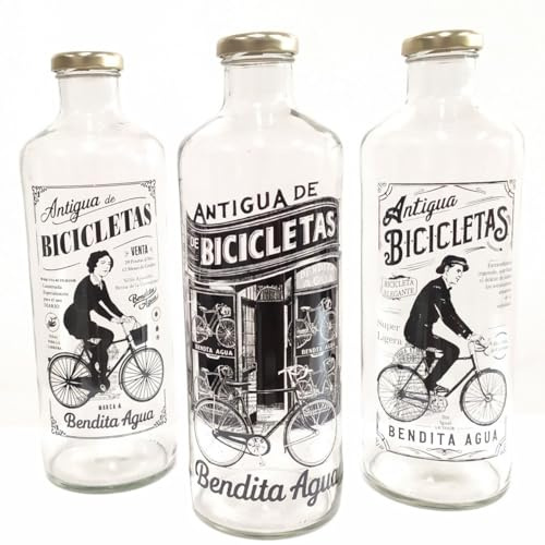 BENDITA AGUA Glasflasche, 1 l, 3 Flaschen, für Fahrradliebhaber, antike Designs, antike Bicycle Glasflaschen, originelles Geschenk