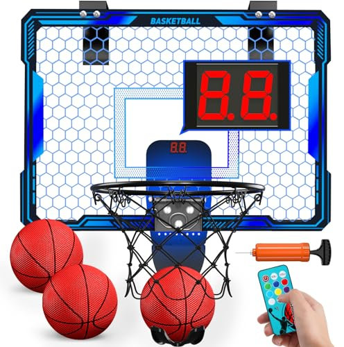 HYES Basketkorg för barn med fjärrkontroll, 7 belysning, 3 lägen, elektronisk resultattavla, 3 bollar, pump, inomhus, utomhus, basketkorg, sportleksaker för barn, blå