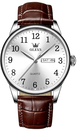 OLEVS Lederuhr für Herren, Edelstahl Analog Quarz Uhr, Klassisches Geschäfts-Kleid Uhr, Wasserdicht Leuchtend Tag Datum Armbanduhr