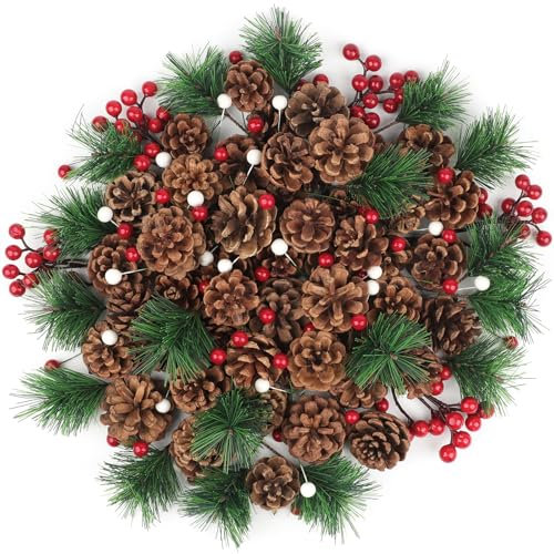 TaoQ C 150 Stück Weihnachten Tannenzapfen Weihnachten Kiefernzapfen Natürliche Tannenzapfen Beere Kiefer Zweig Ornamente für DIY Handwerk Home Xmas Winter Vase Füller Dekoration