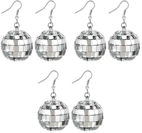 3 Paar Discokugel Ohrringe Mirror Ball 70s Mirrorball Für Damen Und Mädchen Retro Disco Motto Party Kostüm Zubehör