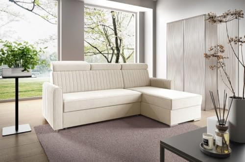 LIKMA Beige Ecksofa Neli L-Form 213x165 cm mit Schlaffunktion (190x125 cm) Eckcouch mit Bettkasten und Verstellbare Kopfstützen Wohnlandschaft Bettsofa mit Stauraum Polstermöbel Sofa