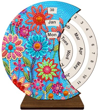 Starnearby DIY Diamond Painting Kalender 2025 Tischkalender Mond Ewiger Kalender aus Holz Rotierender Kalender Diamant Painting Tisch Deko Weihnachtsdeko Ornamente (Blumen)