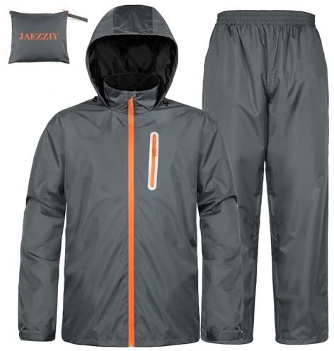JAEZZIY Rain Suits for Men Women Waterproof Lightweight Hooded Breathable Rain Gear Raincoat for Fishing Hiking Cycling, Grey, 3XL