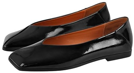 MissHeel Women's Slip On Square Toe V-Cut Solid Ballet Flats Patent Leather Ballerina Shoes Work Dressing Black Size 4