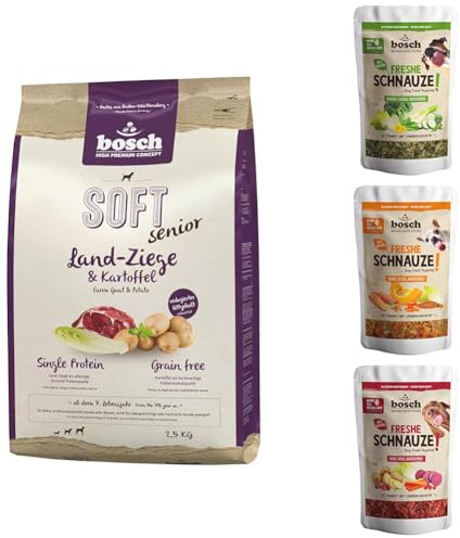 Bosch HPC Soft Senior Ziege & Kartoffel 1 x 2.5 kg halbfeuchtes Senior Hundefutter + Freshe Schnauze - Knackig grünes Ackergemüse + Sonnig gelbes Ackergemüse + Erdig rotes Ackergemüse| Getreidefrei
