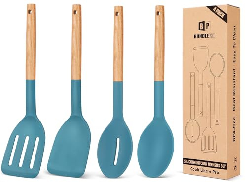 Pack of 4 Silicone Cooking Utensils Set, Non Stick Solid Spatulas and Heat Resistant Slotted Spoons with Wooden Handle, Ideal Wood Kitchen Utensils Set for Frying,Serving,Turning,Stirring (Blue)