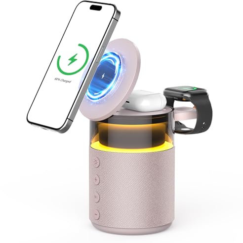 BLKE Max 3-in-1-Bluetooth-Lautsprecher mit Nachttischlampe und induktive LadeStation – kompatibel mit iPhone 17/16/15/14/13/12 Pro Max, Apple Watch und kabelladen-fähigen Earbuds, 33W-Adapter