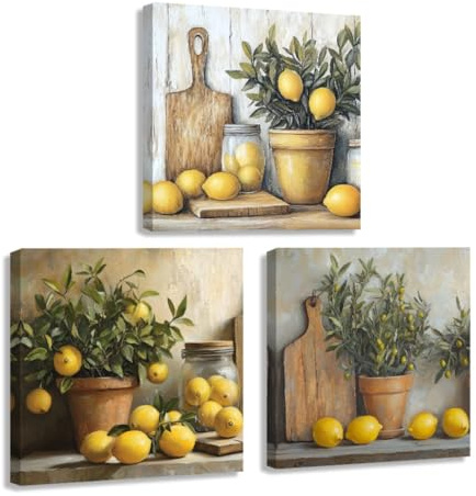 ZXHYWYM Zitronen Gemälde 3er Set Bilder von Zitronen für die Küche gelbe Zitrusfrüchte Leinwanddrucke Bauernhausküche Esszimmer Speisekammer Zimmer Bar Dekor gerahmt (30x30cmx3)