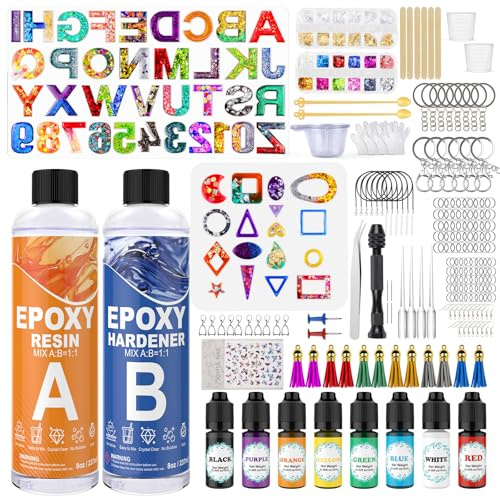 KOPOZA Set di stampi in resina epossidica per principianti, stampi per lettere, numeri, resina epossidica, 474 ml, portachiavi con colori in resina epossidica, glitter