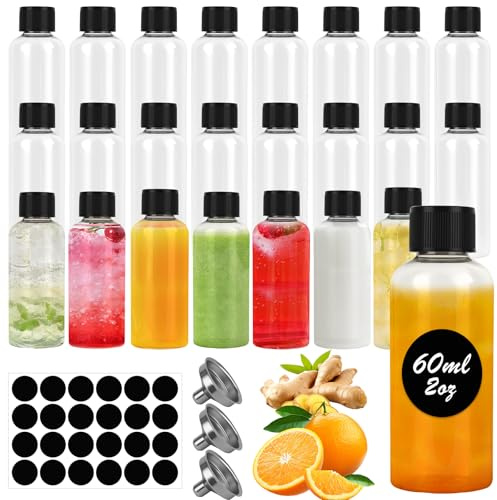 24 Botellas 60ml Bottiglie Plastica, Bottiglie Plastica Piccole da Riempire, Bottiglie Mignon Vuote da Riempire con Tappi a Prova, 1 Spazzola per La Pulizia, 1 Pennarello, 3 Imbuti e 1 Etichetta