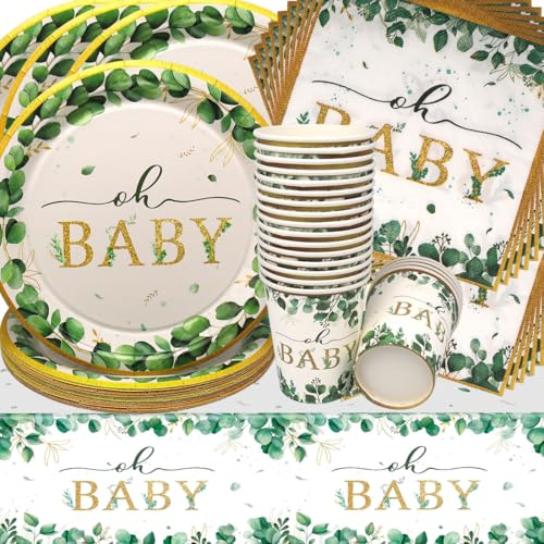 Doyomtoy Baby Shower Geburtstag Deko, Baby Partygeschirr Grüne Blätter Babyparty Deko Tassen Servietten Tischdecke für Kindergeburtstag Party Deko Babys Shower 20 Gäste