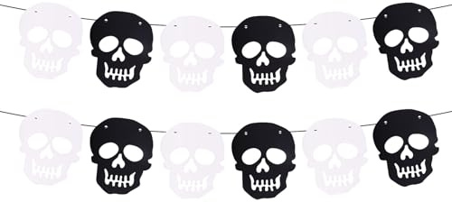 Totenkopf-Banner, Halloween-Totenkopf-Girlande Gruseliges Skelett-Banner Hängende Kamin-Girlanden-Dekoration für Spukhäuser, Türen, Wände und Partyzubehör im Garten (Schwarz, Weiß)