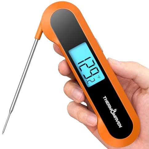 Professional 0.5 Sec Instant Read Meat Thermometer Digital, NIST Certified ±0.5℉ Accuracy, Auto Rotate Display, 100% Waterproof Cooking Thermometer for Grill Oven Candy BBQ, Orange