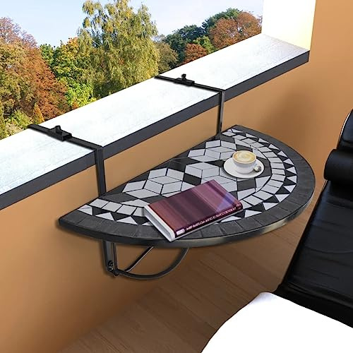 QJBSAVVA Tavolo da balcone a mosaico, nero, bianco, semicircolare, in ferro e ceramica, 76 x 56 x 64 cm, pieghevole, salvaspazio, per balcone, terrazza e giardino