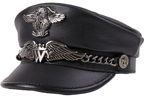 Vobumix Gorra Militar Vintage, Gorra del Ejército Alemán, Gorra Plana De Cuero Estilo Militar con Visera, Gorra De Piel De Vaca para Hombre, Gorra Militar Clásica Y Cálida