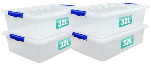4 x Storage Boxes With Clip Lock Lids Sturdy Litre Heavy Duty Clear Stackable Lockable Multipurpose Plastic Storage Box Indoor Outdoor Containers Home,Office,Kitchen,Garage (4 x / 32 Litre Underbed)