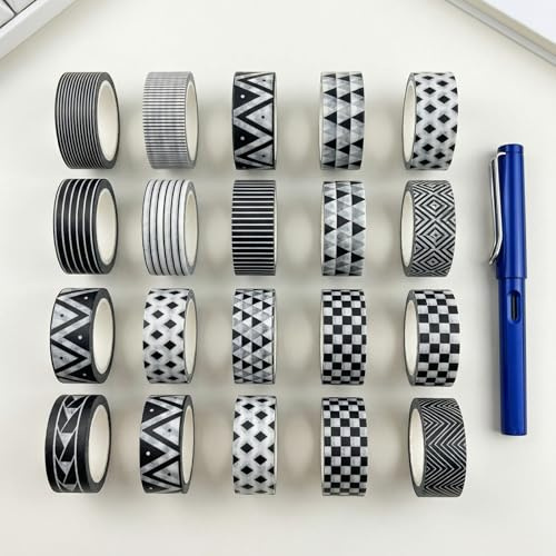 Hontaog 20 Rollos Serie En Blanco Y Negro Vendimia Washi Tape Set,Decorativas Masking Tape Para Scrapbooking, Retro Cinta Adhesiva,Para Scrapbooking, Manualidades,Marcos De Fotos