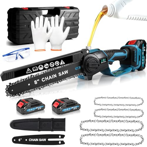 Mini motosega con batteria da 4000 mAh, 6 pollici e 8 pollici, motosega a batteria senza spazzole, 6000 giri/min, 20 m/s, con olio automatico, sega a batteria, compatibile con Makita per potatura