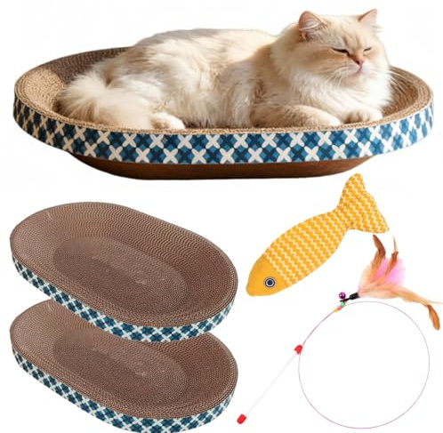 Katzen Kratzer mit Spielzeug, 2er Pack Kratzschale aus Karton, Katzenbett & Kratzbrett in Einer Schüssel, Große Liegemulde zum Krallen wetzen, Möbelschutz mit Catnip Fisch & Federstab
