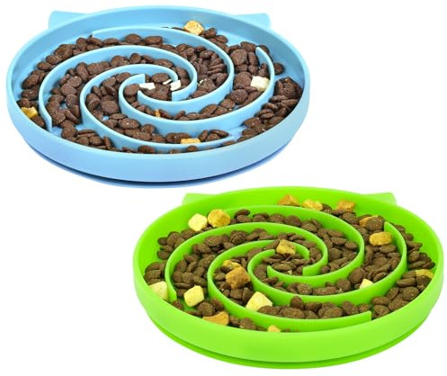Alaoo Anti-glutton Kitty Slow Feeder, kattskål, anti-kräkningsskål, multifunktionell halkfri skål för kattungar långsam matning, rund, gräsgrön och sjöblå