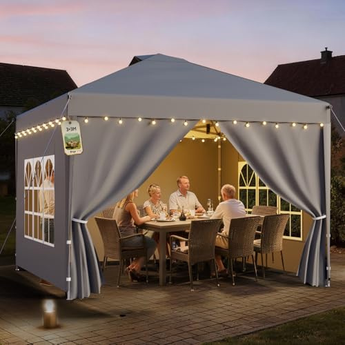 Soontrans Pavillon 3x3m, Lassen Alle zusammenkommen, Faltpavillon Höhenverstellbar mit Seitenwänden & Giebelwänden, Pop Up Partyzelt mit Tragetasche & Sandsäcke für Garten Terresa Pool (Grau)