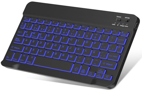 Teclado Bluetooth Español Ñ Retroiluminado 7 Colores QWERTY - Negro | Ligero, silencioso, portátil - Compatible con iPad Pro/Air, Samsung, Huawei, Xiaomi, Android y Windows