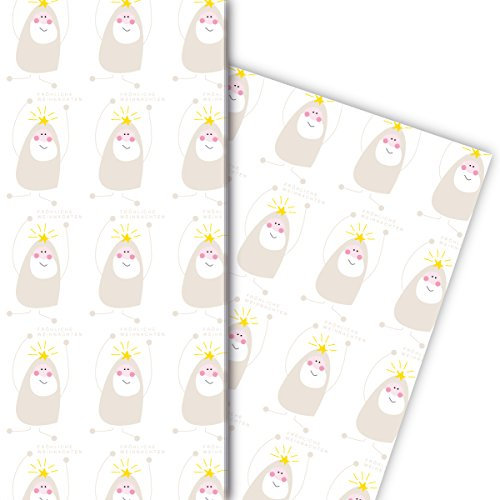 Lustiges Weihnachtspapier mit süßem Weihnachts Wichtel fröhliche Weihnachten 32 x 48cm (4 Bögen) Dekorpapier, Papier zum Einpacken, als Geschenkverpackung & Überraschung, in beige