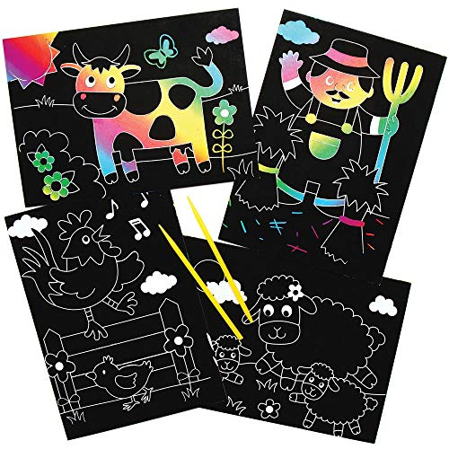 Baker Ross AX107 Farm Scratch Art Pictures, for Kids Arts and Crafts Projects (Pack of 10), Assorted, White