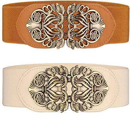 lalafancy Cinturón ancho elástico para mujer 2 piezas retro de las señoras de cintura elástica cinturón (Marrón & Beige)