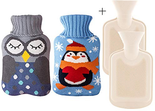 Wärmflasche mit Strickbezug Klein Niedlich Gummi Wärmbeutel (2 Stück) für Schmerzlinderung, Krämpfe, Warm-, Wärme- und Kältetherapie, Blauer Pinguin und Graue Marineeule, 1 Liter