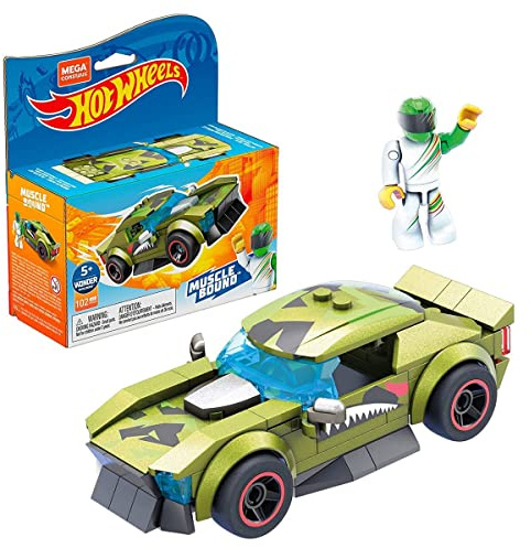 Mega Construx GVM30 - Hot Wheels Muscle Bound Bauset mit 102 Bausteinen, 1 bewegliche Mikro-Actionfigur im Rennanzug, Spielzeug ab 5 Jahren