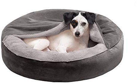 FurHaven 24 Round Small Donut Dog Bed Plush Velvet Waves Hooded Calming Cuddler, Washable - Dark Gray, Small