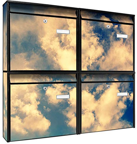 banjado Briefkastenanlage 4 Fach - Postkästen groß - verzinkter Stahl schwarz DIN A4 Motiv Wolken 3 - Briefkasten Set 4 Briefkästen Namensschild, 2 Schlüssel, Montagematerial