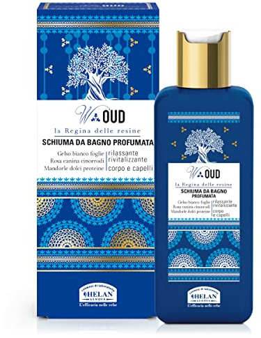 Helan, W Oud, entspannendes und belebendes Shampoo und Duschgel für Körper und Haar, duftender und feuchtigkeitsspendender Duschschaum mit süßen Mandeln und Hagebutten, sanfter Schaum, 200 ml