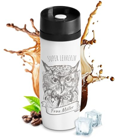 Maverton Thermobecher Kaffeebecher 420 ml - Isolierbecher personalisiert auslaufsicher - 100% dicht - Quick-Press-Verschluss - aus Edelstahl - Geschenk für Frauen - Weiß - Super Lehrerin