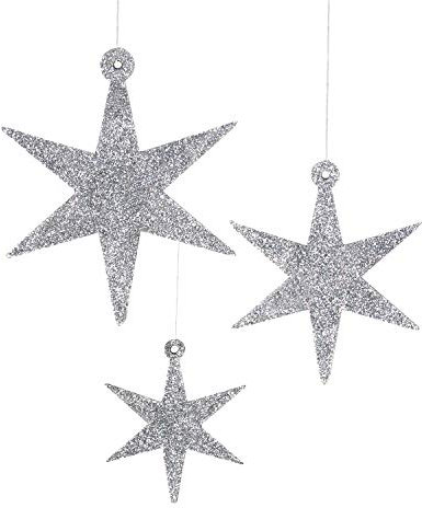 Oblique Unique® 3 Holz Sterne mit Glitzereffekt für Weihnachten Weihnachtsbaum Christbaum Anhänger Christbaumschmuck Weihnachtsdeko Holz Deko (Silber)