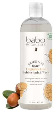 Babo Botanicals Sensitive Baby Fragrance Free 3-in-1 Bubble Bath, Wash & Shampoo – mit organischem Shea Butter, Kokosöl, Ringelblume & Hahn – Vegan & EWG geprüft – 15 ml