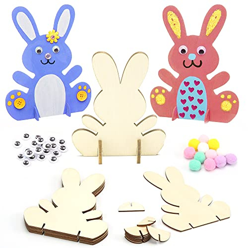 Sprinlot Hasen aus Holz zum Bemalen, 10 Stück DIY Osterhase Deko mit Bunte Mini Pompons und Kulleraugen, Osterhase Bastelsets, Holz Bastelset für Bastelzubehör Dekorationen