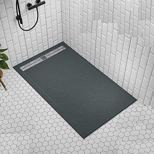 Plato de ducha de mineralmarmol gris antracita con efecto piedra pizarra serie Cannes Slim 3 cm revestido de Gelcoat antideslizante