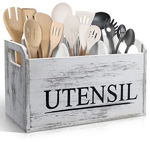brekle White Kitchen Utensil Holder Rustic Large Wooden Utensil Organizer Cooking Tools Storage