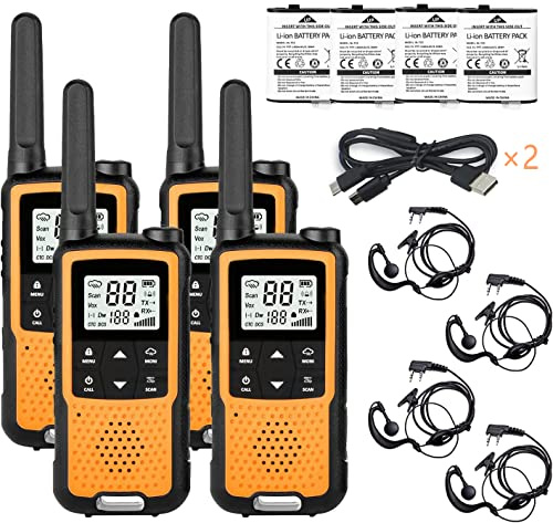 Walkie Talkies für Erwachsene und Kinder, Greaval PMR446 Wiederaufladbares Walkie-Talkie mit Ohrhörer und USB-Kabel, 16 Kanäle, 2-Wege-Radio, lizenzierungsfreies Walky Talky (Orange, 4er-Pack)