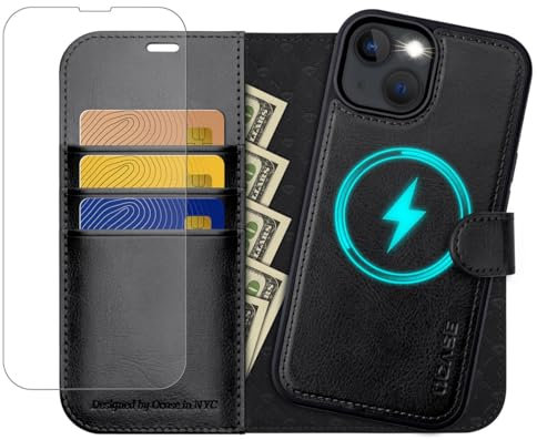OCASE Hülle iPhone 14 [Abnehmbare magnetische Hülle] [Kabelloses Laden] [Displayschutz] [Kartenfach] Handyhülle RFID Schutzhülle Etui Klapphülle Kompatibel für iPhone 14 Schwarz