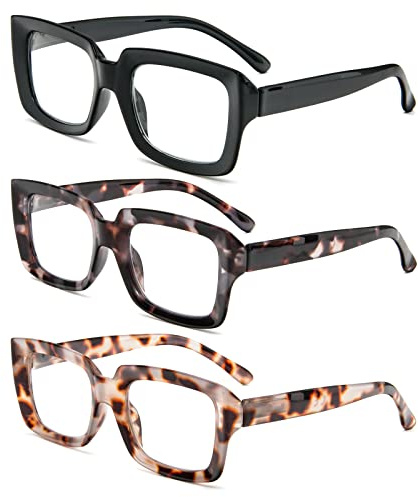 MMOWW 3-Pack Reading Glasses for Women - Blue Light Blocking Stylish Oversize Square Frame Anti Glare Digital Eyestrain Ladies Reader (Black + Brown Grey Tortoiseshell + Tea Tortoiseshell, +2.0)