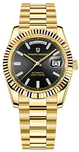 Pagani Design Herrenuhren, 36mm automatische mechanische Edelstahl 100M wasserdichte Luxus-Armbanduhr für Männer, doppelte Datumsanzeige Saphirglas Zifferblatt