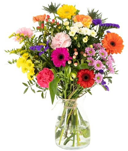 Blumenstrauß Buntes Fest, Bunte Blumen versenden, handgebunden mit 7-Tage-Frische-Garantie, Gerbera, Chrysanthemen, Nelken, Standflieder, Goldrute, Inkalilien und Disteln, Blumenversand