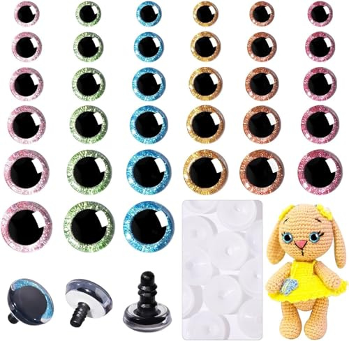 MUCUNNIA 12-30mm 3D Sicherheitsaugen für Häkeltiere mit Unterlegscheiben | 6 Farben,180Stück,6 Farben,3D-Glitzer-Sicherheitsaugen,Einfaches und Sicheres Anbringen,funkelnde Augen mit mittiger Pupille