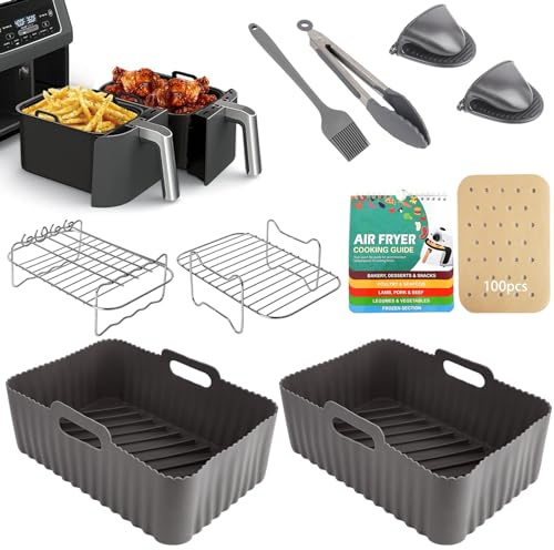 Air Fryer Accessories, HOMELYLIFE Silicone Air Fryer Liners for Ninja AF400UK AF300UK AF451UK AF500UK Tower T17088, 10 Pcs Dual Air Fryer Accessories, Cheat Sheet Magnets Cooking Guide Booklet