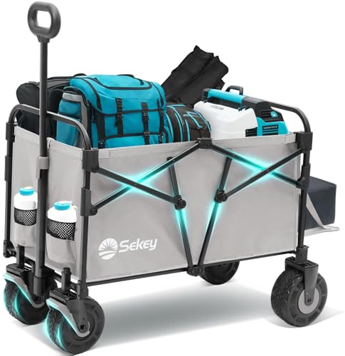 Sekey Chariot de Transport Pliable avec Hayon Arrière Extensible 135L & 200L, Chariot de Plage Pliable dans Quatre Directions jusqu'à 150KG SE4019, Bleu et Gris